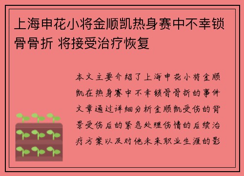 上海申花小将金顺凯热身赛中不幸锁骨骨折 将接受治疗恢复 上海申花小将金顺凯热身赛中不幸锁骨骨折 将接受治疗恢复