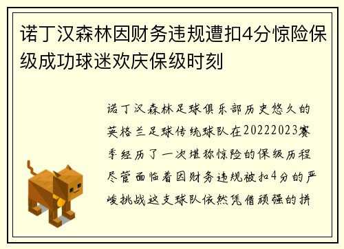 诺丁汉森林因财务违规遭扣4分惊险保级成功球迷欢庆保级时刻