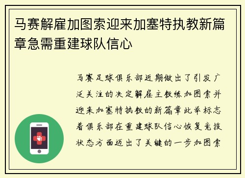 马赛解雇加图索迎来加塞特执教新篇章急需重建球队信心 马赛解雇加图索迎来加塞特执教新篇章急需重建球队信心