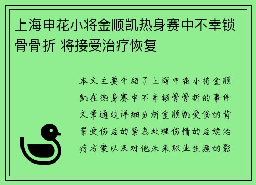 上海申花小将金顺凯热身赛中不幸锁骨骨折 将接受治疗恢复 上海申花小将金顺凯热身赛中不幸锁骨骨折 将接受治疗恢复